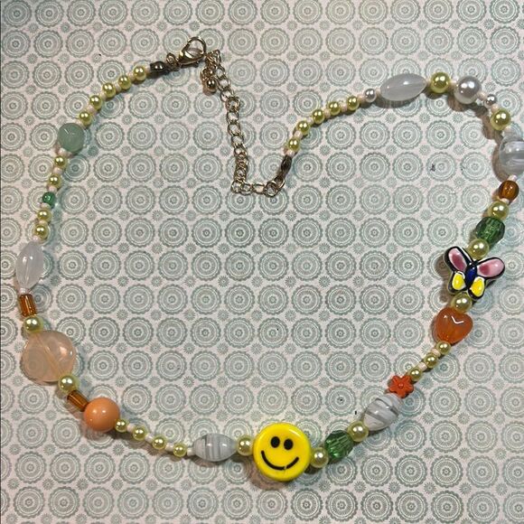 Colorful Beaded Necklace with Smiley Charm - Picture 1 of 3
